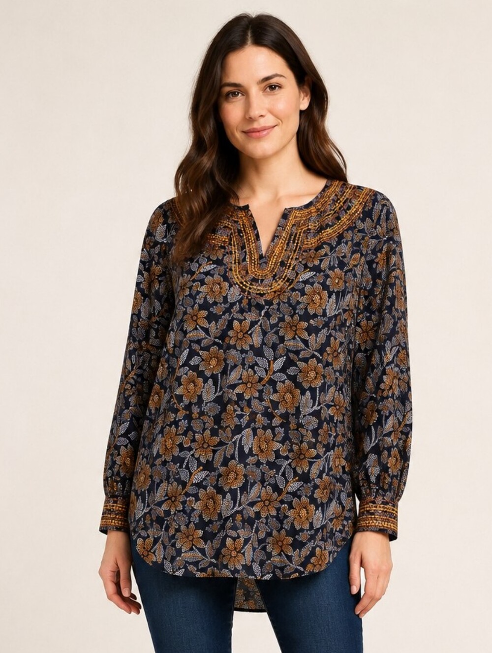Pure Jill Navy Floral Embroidered Split Neck Tunic Top Medium